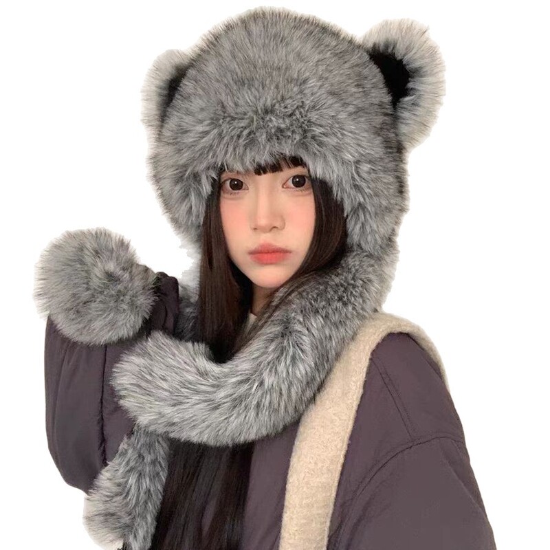 可爱小熊帽子女秋冬加厚保暖仿皮草帽子新款百搭毛绒帽显脸小帽子|undefined