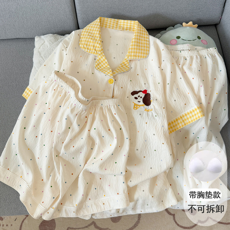 Pajamas with Breast Pads, Polka Dots, Puppy Clouds, Pure Cotton Gauze Pajamas for Women, 2026 New Summer Short-Sleeved Three-Piece Home Clothes Set