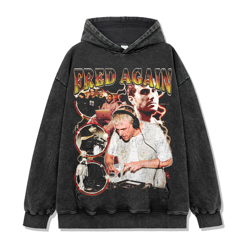 Cross-border American Fred fred again printed short-sleeved T-shirt washing long-sleeved round neck loose hooded sweatshirt