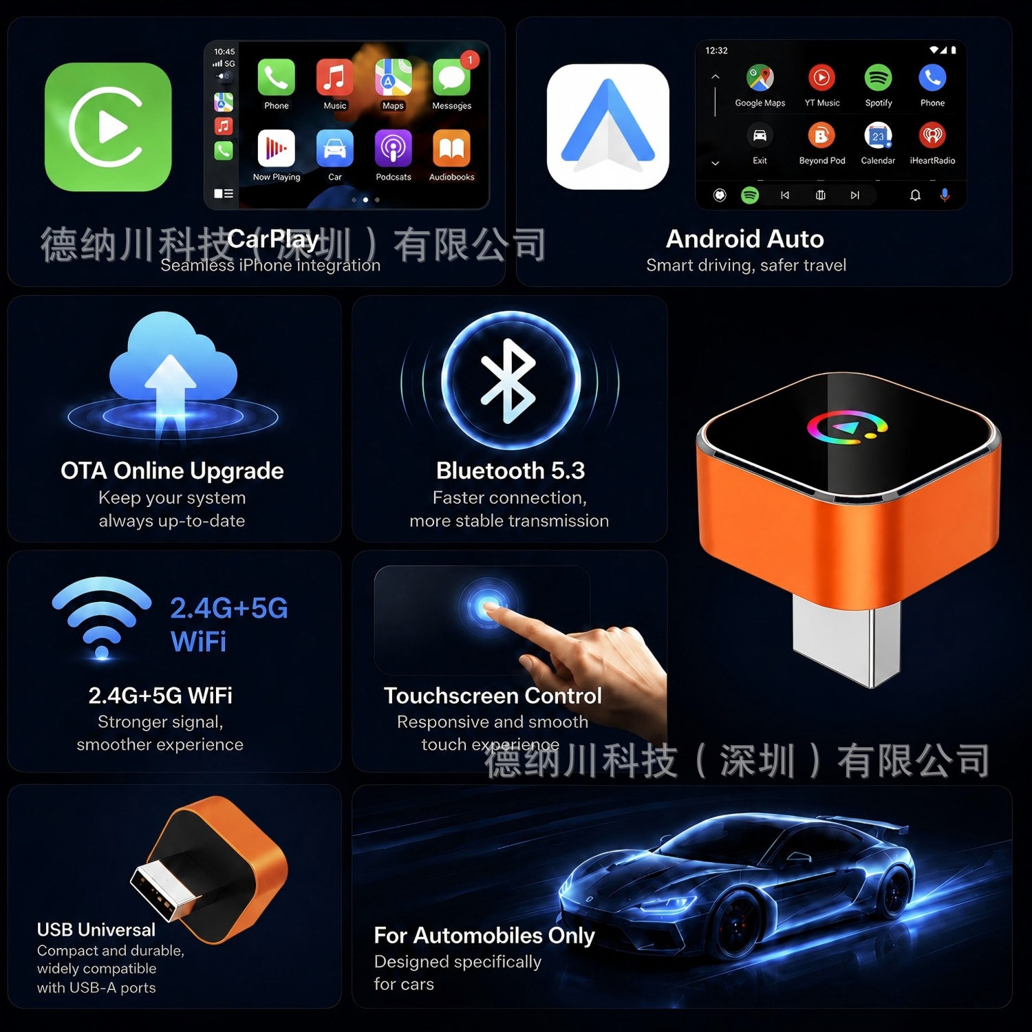 Cross-Border Hot-Selling Wired-To-Wireless Carplay Android Auto Adapter Two-In-One Car Smart Connectivity Box