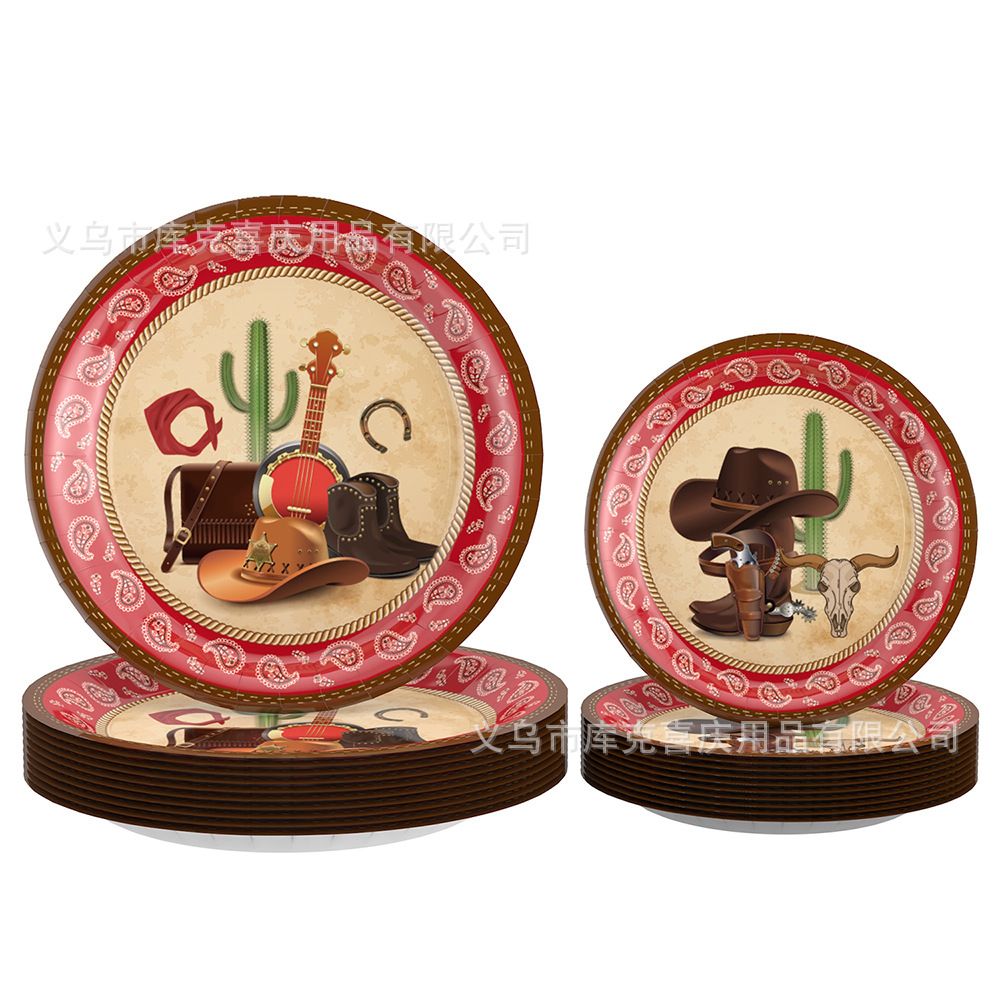 Niños Western Denim tema fiesta de cumpleaños vajilla suministros 16-Persona Placa de papel desechable tejido decoración traje