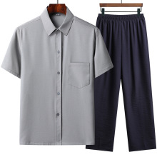 夏季中老年男士棉麻衬衫爸爸装夏装短袖套装中老年衣服男装爷爷装