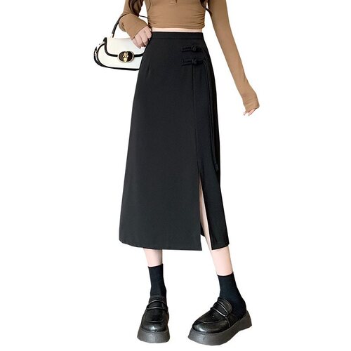 New Chinese style national style skirt for women spring 2024 new black plate buckle high waist slimming A-line slit hip skirt