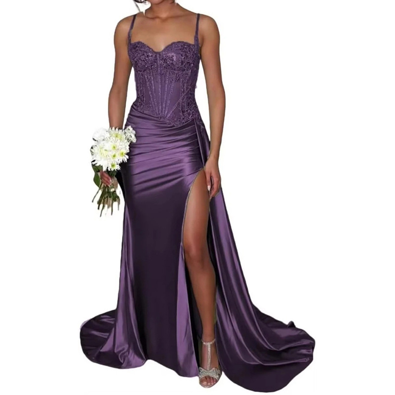 Vestido de noche sexy dividido de satén Vestido largo de tubo transfronterizo europeo y americano con cintura de espina de pescado Vestido delgado Falda larga image 16