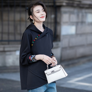 Black Embroidered Guofeng Hooded Sweater Women's Spring and Autumn Thin 2024 New European plus size Loose New Chinese Top