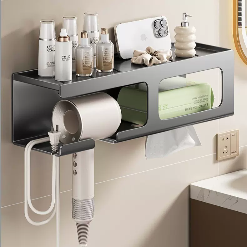 卫生间吹风机纸盒一体式置物架免打孔电吹风支架多功能浴室整理架
