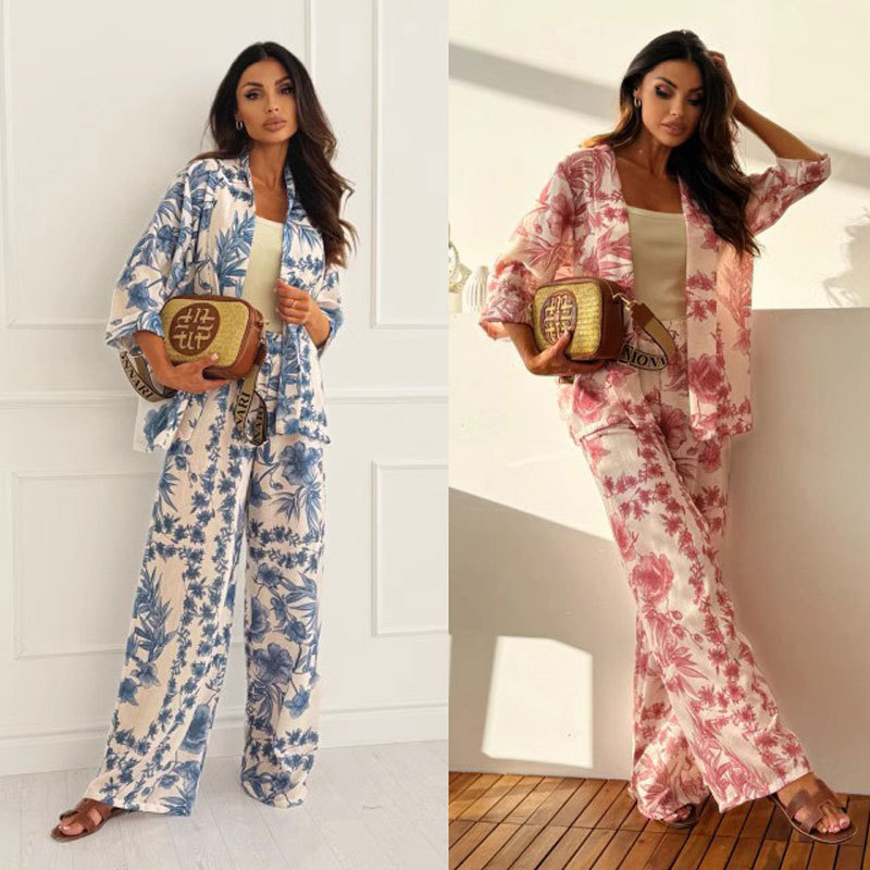 Foreign Trade European and American Women's Clothing 2026 Amazon New Casual Three-Quarter Sleeve Long Pants Vacation Style Two-Piece Set Cardigan