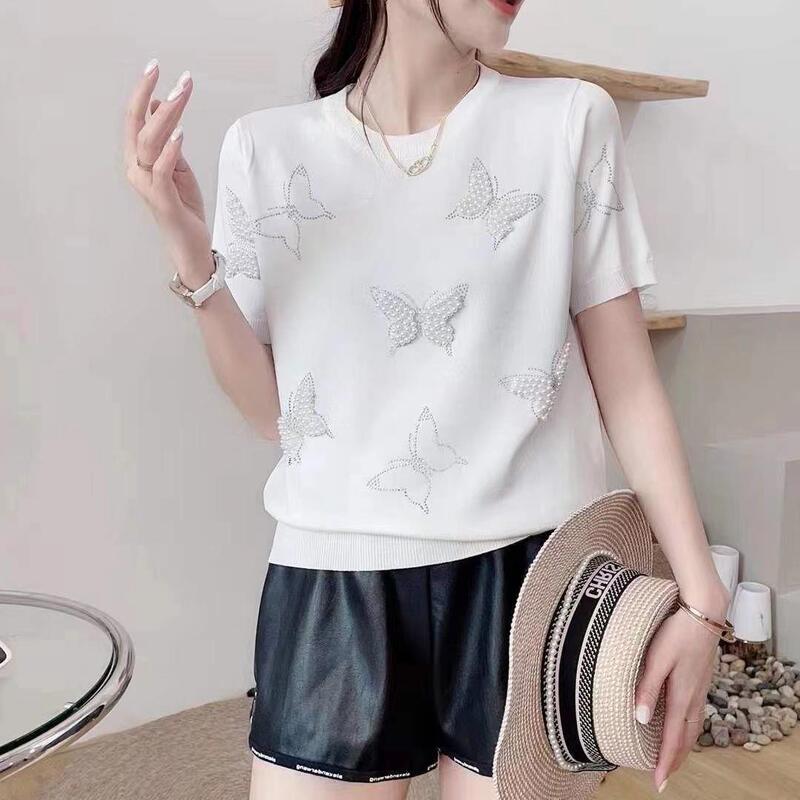 (Pearl butterfly) summer new women's knitwear top heavy work beaded bow short sleeve pullover Ning cute