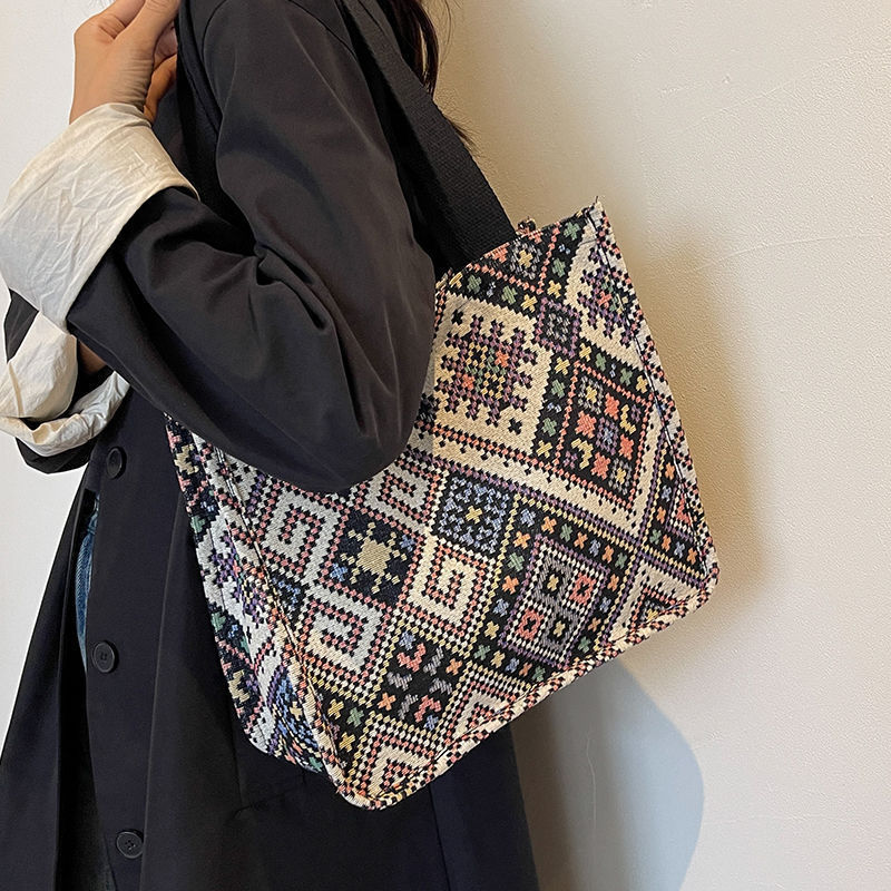 Large-Capacity Ethnic Style Bag 2024 Internet Celebrity Canvas Bag Hand-Woven Tote Bag Black Large Black Small