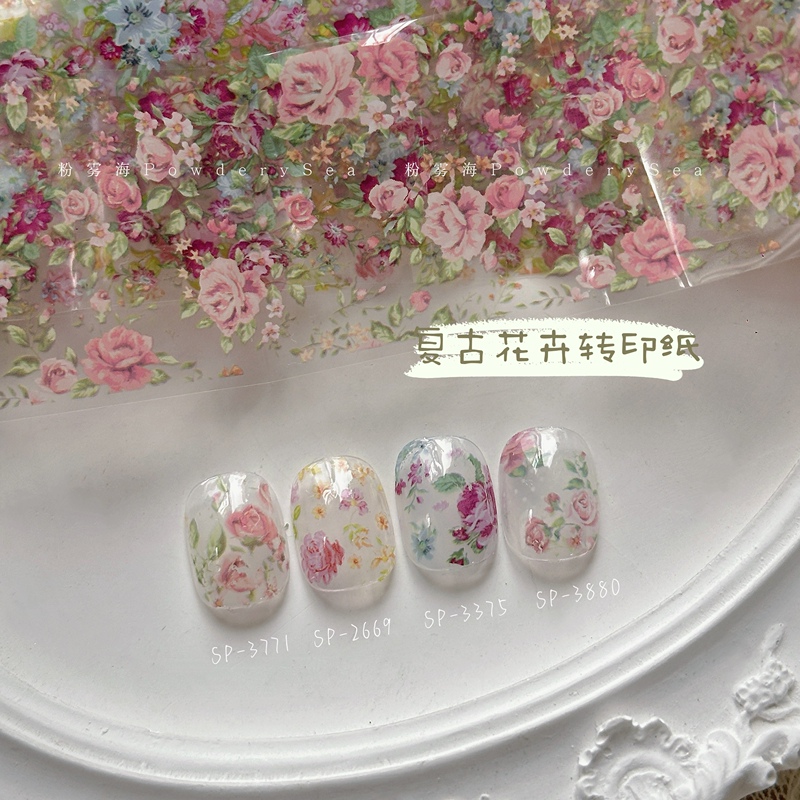Spring limited edition floral transfer paper with a gentle springtime oil painting feel, featuring court roses and lace nail art transfer stickers