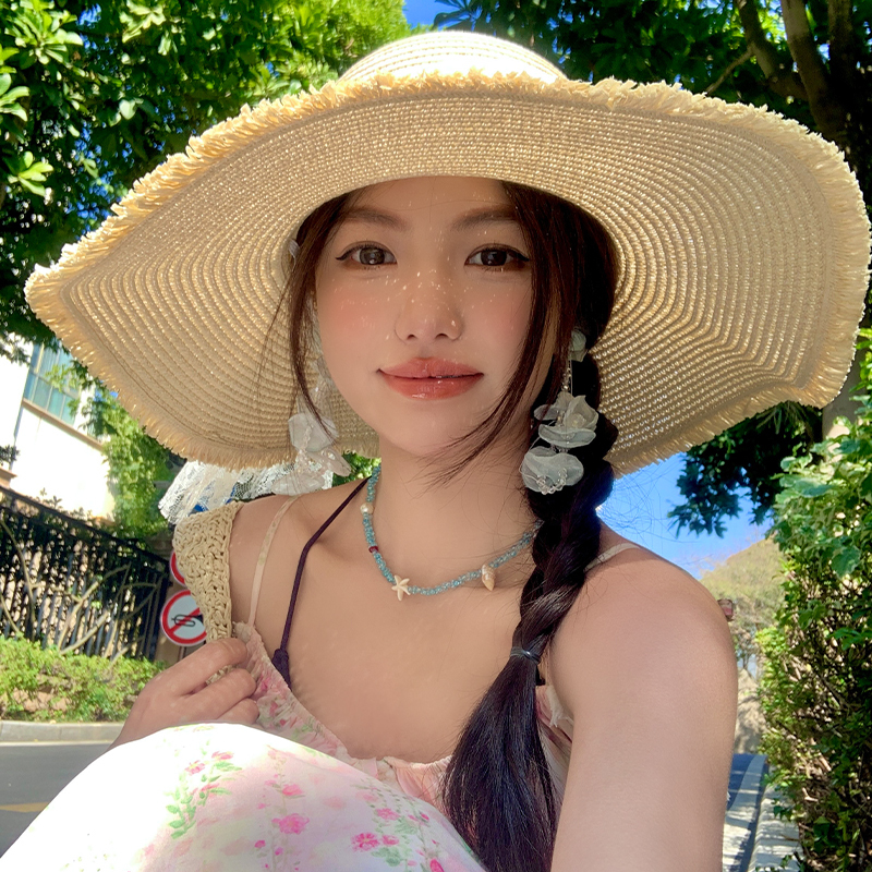 レースリボン大きなつば麦わら帽子 2025 新しい海辺のビーチ日焼け止め帽子女性の美しい日よけ帽子|undefined