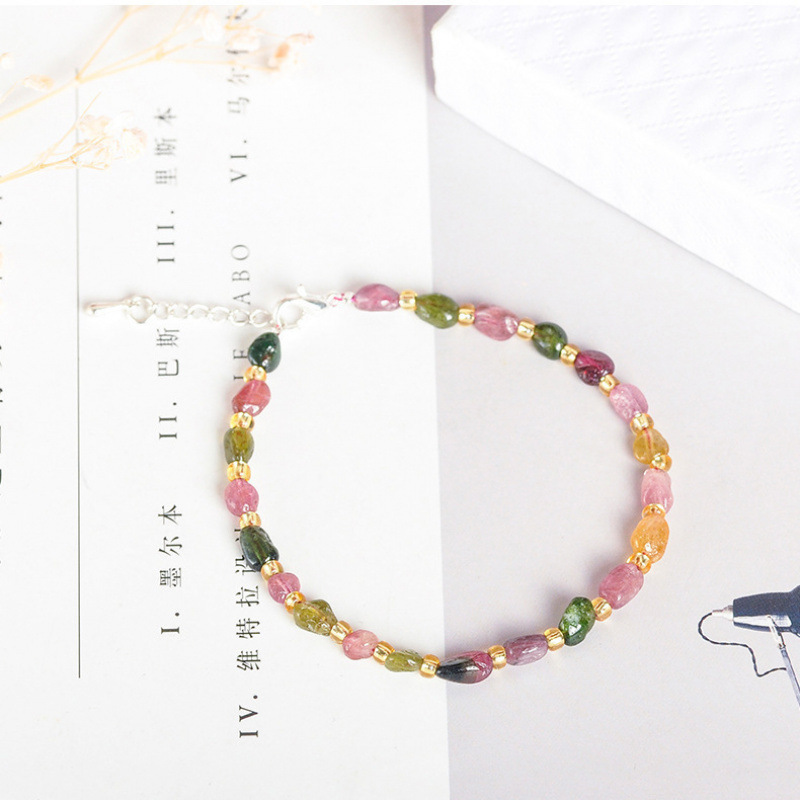 Rainbow Crystal Tourmaline Bracelet Candy Color Natural Gem Niche Light Luxury High-end Sense Bracelet Women's Beaded Bracelet