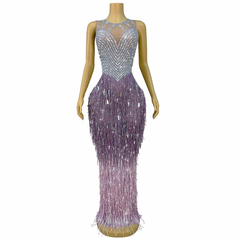 Personality Rhinestone Tassel Mesh Gown Cross-border European and American Birthday Party Gown Performance Long Skirt Floating Willow dark purple Tassel Personality Rhinestone Tassel Mesh Gown Cross-border European and American Birthday Party Gown Performance Long Skirt Floating Willow dark purple Tassel
