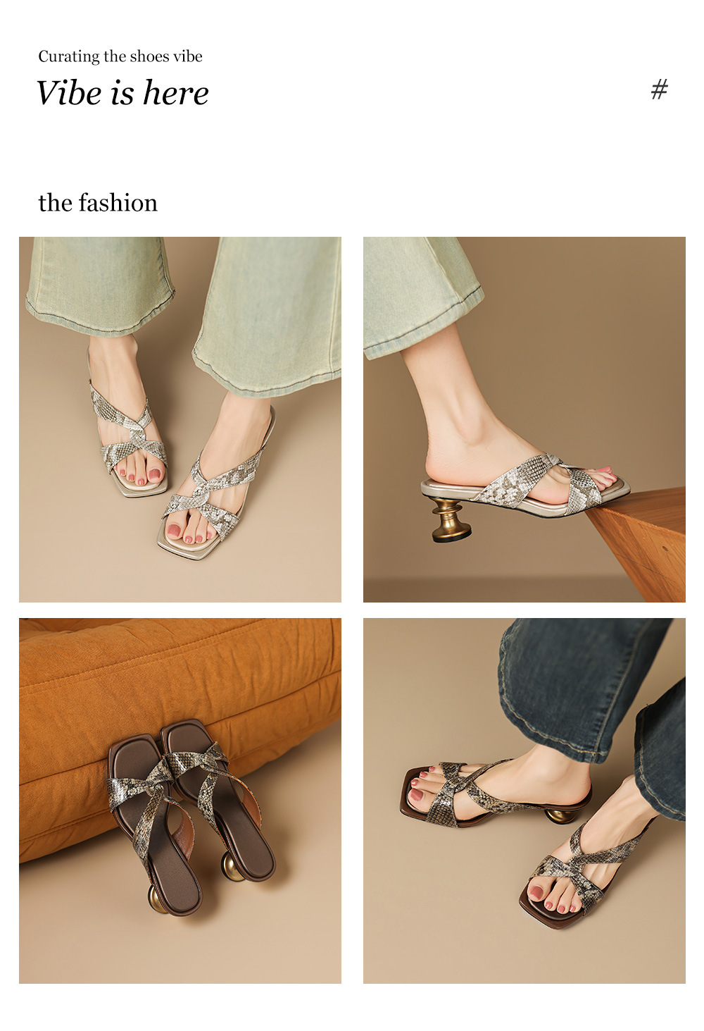 Sandal cao gót nữ hở mũi quai chéo vân rắn, gót cao 9 cm, mũi vuông kim loại — màu nâu, màu xám chi tiết 1
