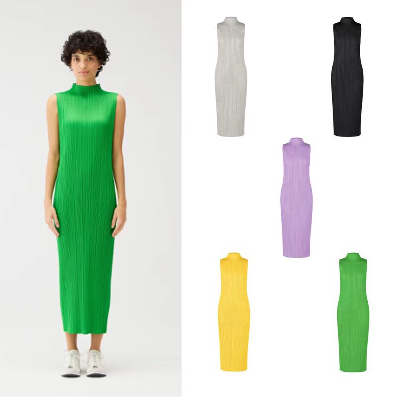 Miyake-Style Pleated High-Neck Sleeveless Dress for Women, Slim Fit, Mid-Length, Solid Color Knitted Tank Dress, New Model Miyake-Style Pleated High-Neck Sleeveless Dress for Women, Slim Fit, Mid-Length, Solid Color Knitted Tank Dress, New Model