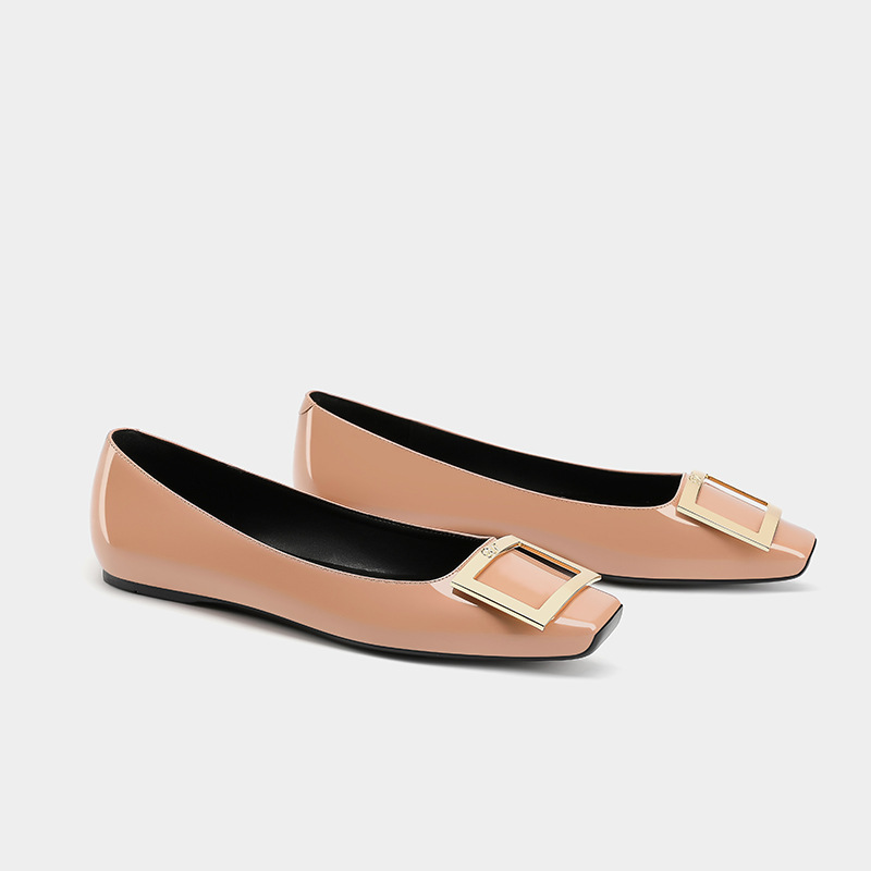 High Version Square Toe Rv Elephant Gray Square Buckle Flat Shoes for Women, French Style with a High-End Feel, Genuine Leather, Internal Height-Increasing Ballet Shoes