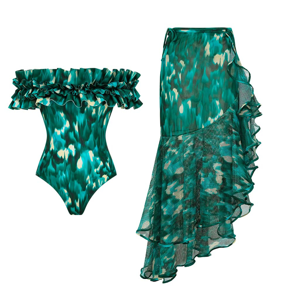 Women's Green Ink Painting Print Strapless Ruffle One Piece Swimsuit American Style Sexy Vacation Suit For All Seasons_ecoleips.com