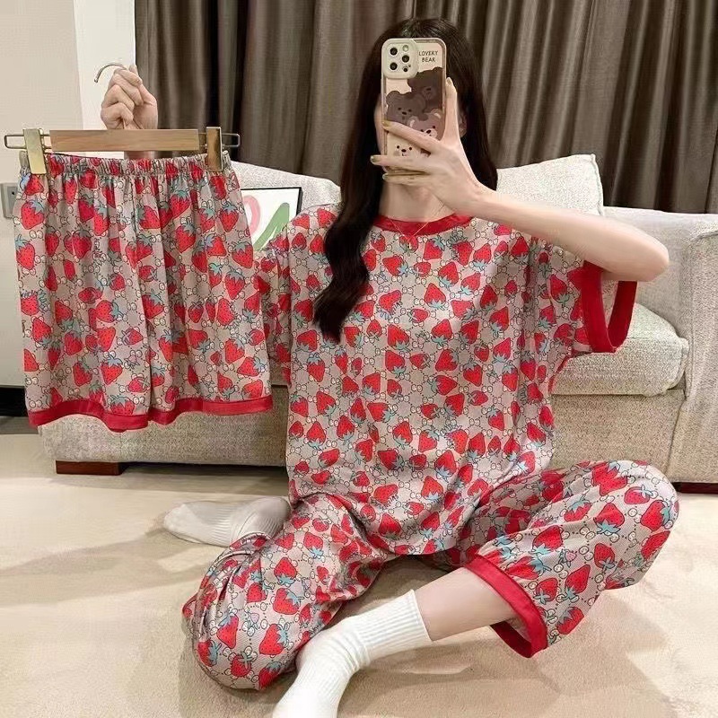 [conjunto de tres piezas] pijamas de mujer nuevo cuello redondo de verano manga corta ropa casera casual pantalones cortos sueltos set