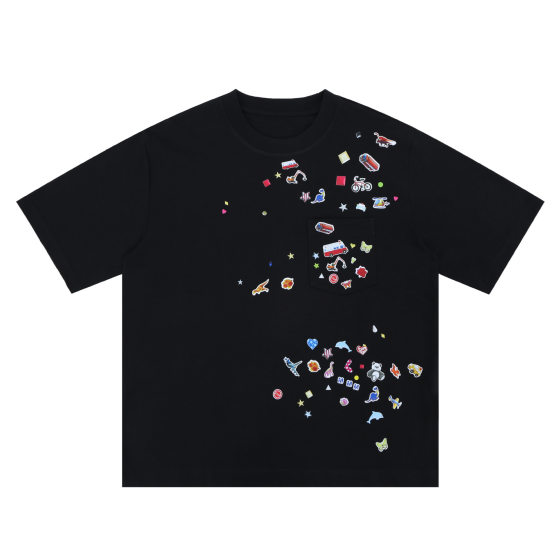 Lanhai Men's 2025 Spring and Summer New Fashion Brand Cartoon Fun Sticker Children's Fun Pocket Decorative Short-sleeved T-shirt Top