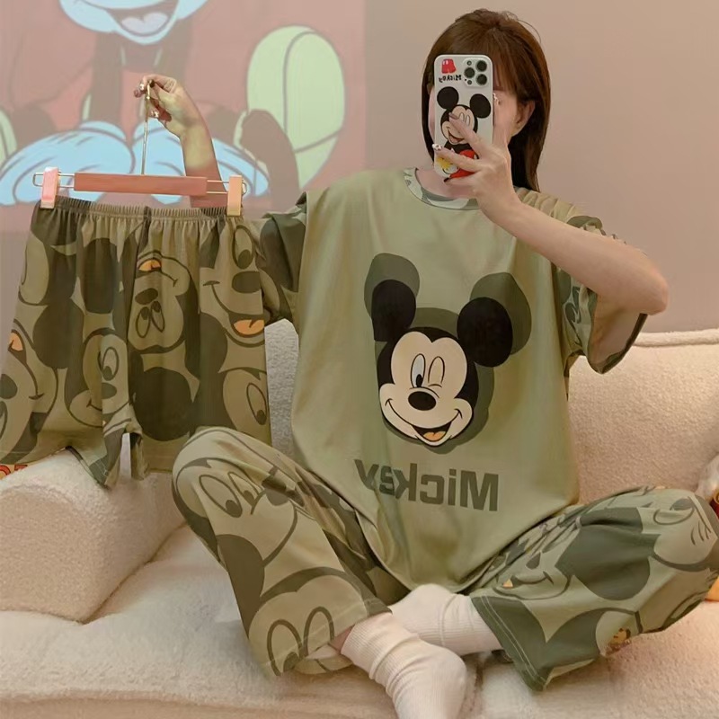 Pijamas de verano transfronterizos pijamas de leche de seda de tres piezas set de dibujos animados comercio exterior ropa para el hogar pantalones de mangas cortas lindos