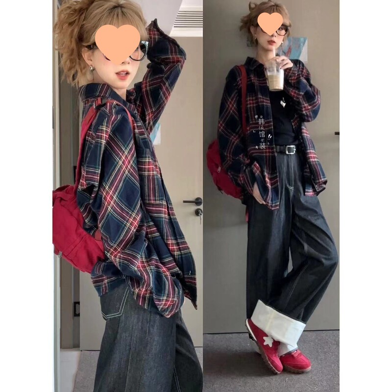轻奢复古格子衬衫女上衣春秋款外套打底内搭叠穿小衫格纹衬衣外穿|undefined
