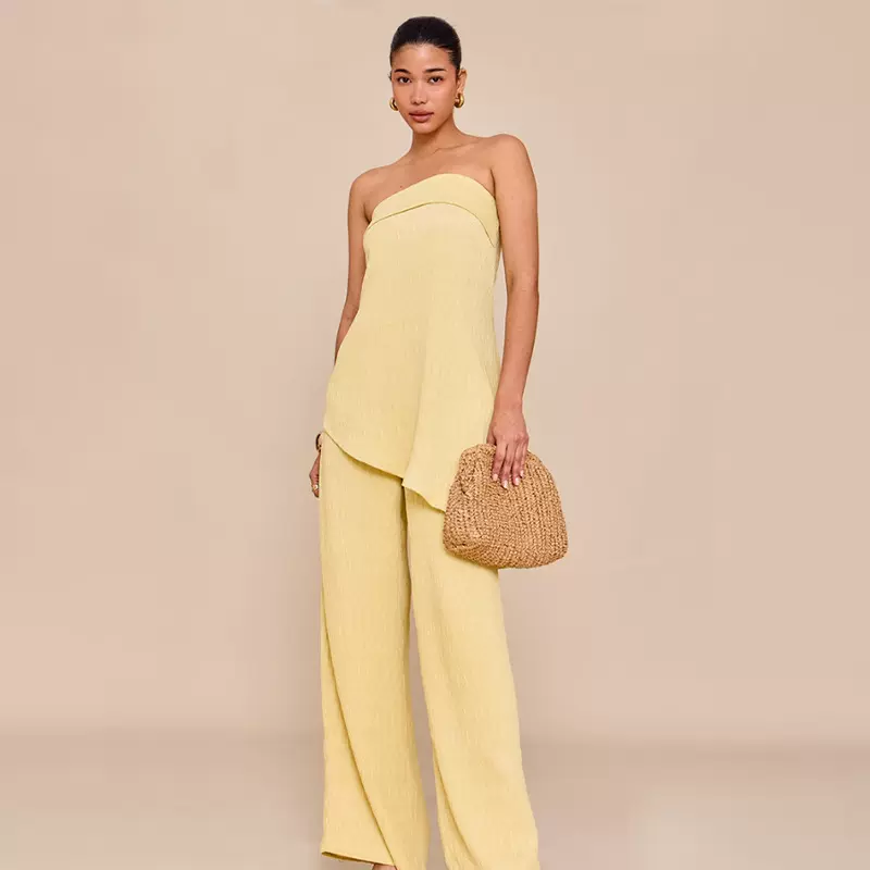 外贸进出口 女装 气质性感休闲宽松抹胸冰丝皱纯色直筒裤上下套装