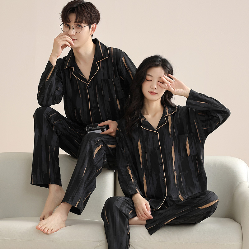 Primavera y otoño pareja pijamas mujeres otoño algodón hombres ropa para el hogar pantalones de manga larga traje cardigan frente hebilla solapa casual hogar