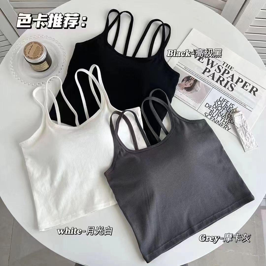 外穿美背白色吊带背心带胸垫女秋一体内搭简约舒适无袖文胸上衣女