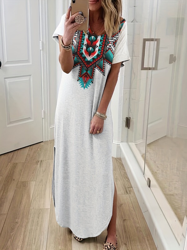 Cross-border hot sale Amazon Xiyin independent station Women's Western ethnic style round neck short sleeve split hem dress