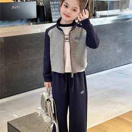 女童套装春秋2025新款中大儿童拉链立领卫衣外套休闲阔腿裤两件套