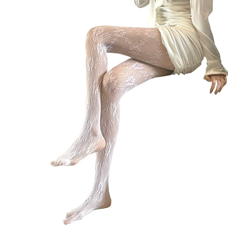 lace retro tights women, lolita style, white base — autumn one size floral pattern