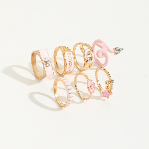 Ins style pink oil drop diamond glasses ring 7 pieces chain snake star pendant ring set