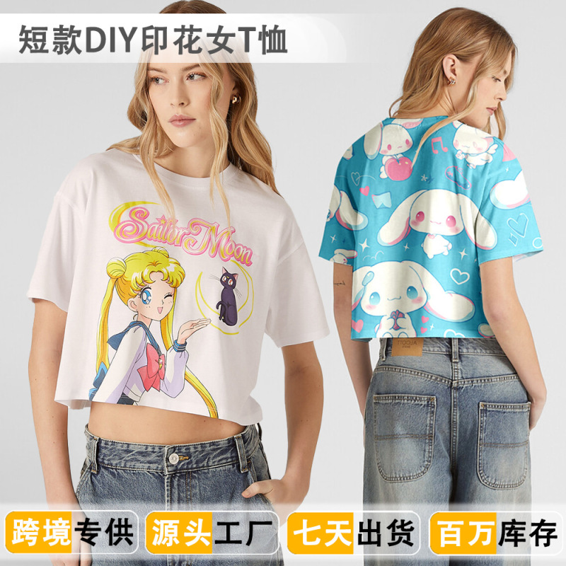 European and American Exclusive 2025 Spring/Summer Trendy Brand Cropped Short T-Shirt for Women, Loose Sports Top, Hot Girl Sublimation Customization