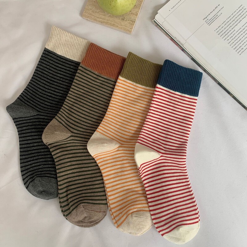 Color-Blocked Ribbed Korean-Style Horizontal Striped Ins Socks, Vintage Vibe Women's Socks
