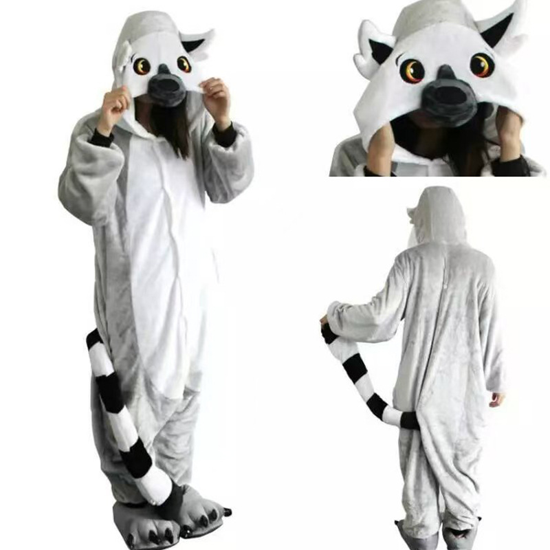 跨境秋冬季法兰绒卡通连体狐猴睡衣家居服如厕加厚支持混批亲子装