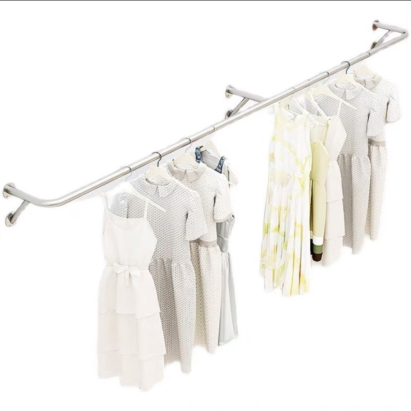 Colgar percha de ropa tienda de ropa de acero inoxidable dibujado estante de pared superior lateral colgar barra transversal espesa tienda de ropa de mujeres y niños colgar barra de ropa