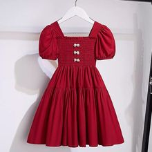 女童红色连衣裙夏季新款儿童方领泡泡袖裙子小女孩洋气时髦公主裙
