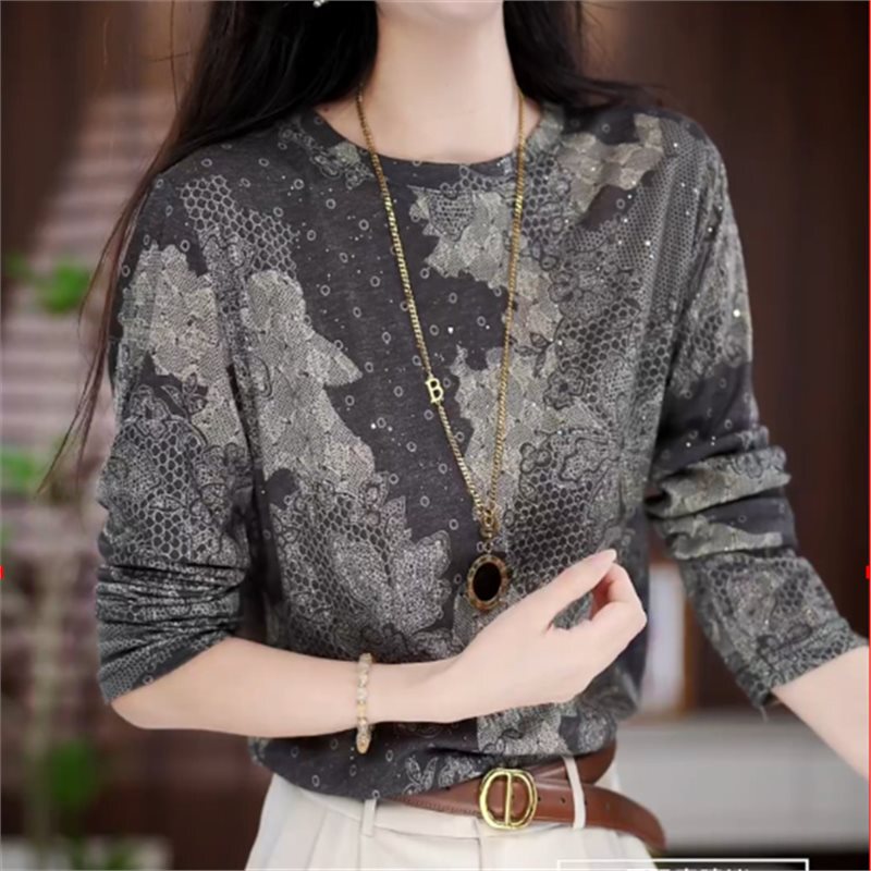 Trendy Round Neck Printed Versatile Long Sleeve T-Shirt for Dropshipping, Popular Style for 2025 Autumn Fashion