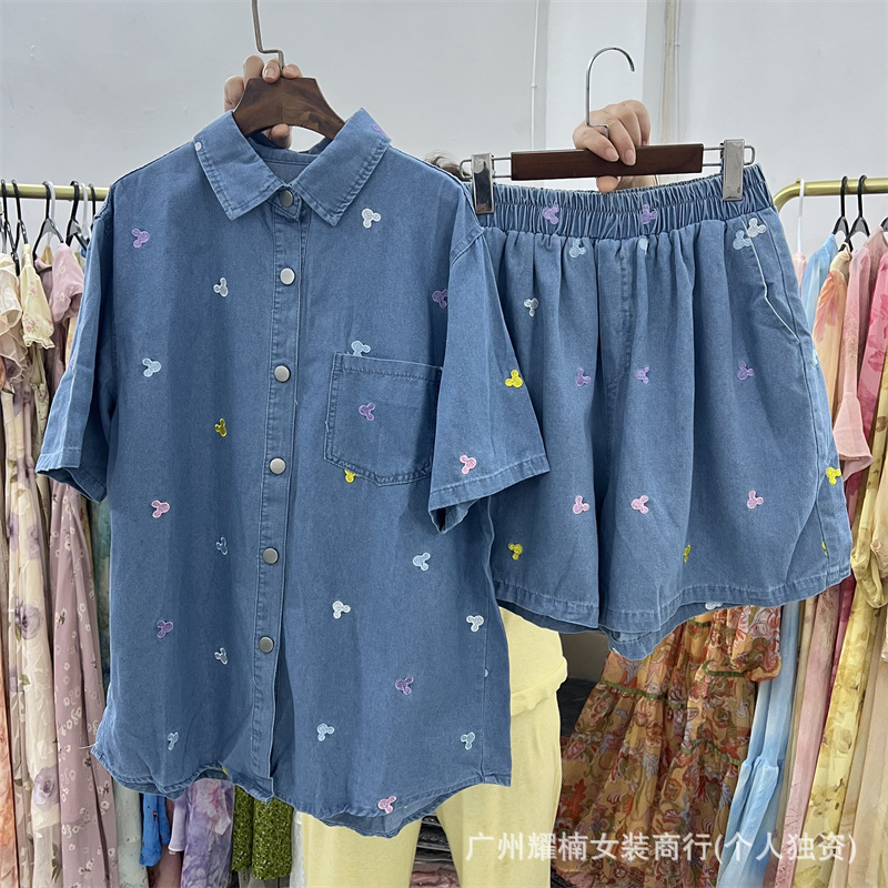 European-Style Design Embroidered Cartoon Loose Short-Sleeve Denim Shirt Top + Elastic Waist Wide-Leg Shorts Set European-Style Design Embroidered Cartoon Loose Short-Sleeve Denim Shirt Top + Elastic Waist Wide-Leg Shorts Set