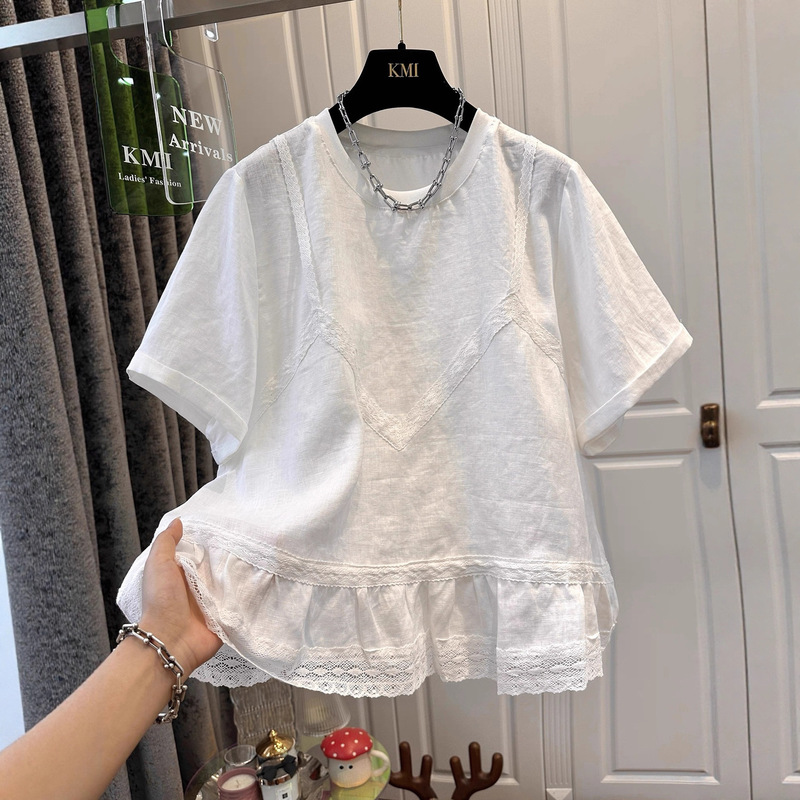 White Faux Two-Piece Ruffled Short-Sleeve T-Shirt for Women 2025 New Summer Plus-Size Chubby mm Age-Reducing Babydoll Top