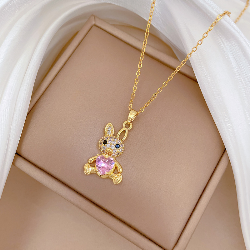 Luxurious Long Eared Rabbit Necklace And Earring Set Titanium_voghion.com