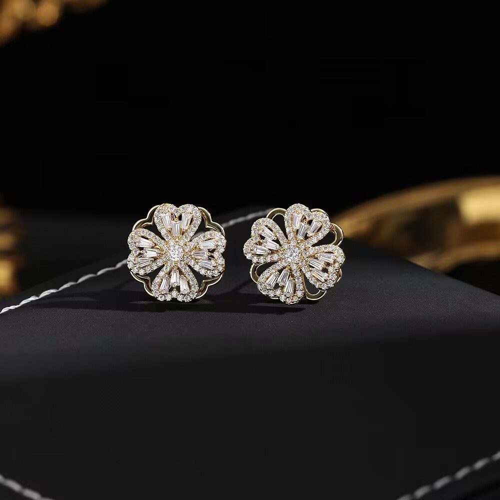 高版本925銀針+真金電鍍 微鑲四葉花耳釘會旋轉耳釘