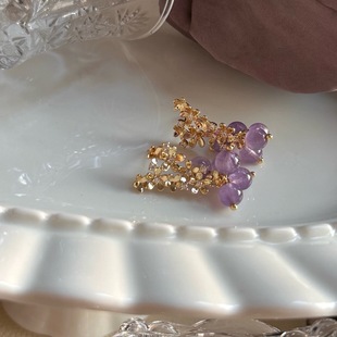 Purple Grape Cool Purple Beaded Earrings Handmade Natural Amethyst Multi-Grain French Retro Gentle Earrings Silver Needle