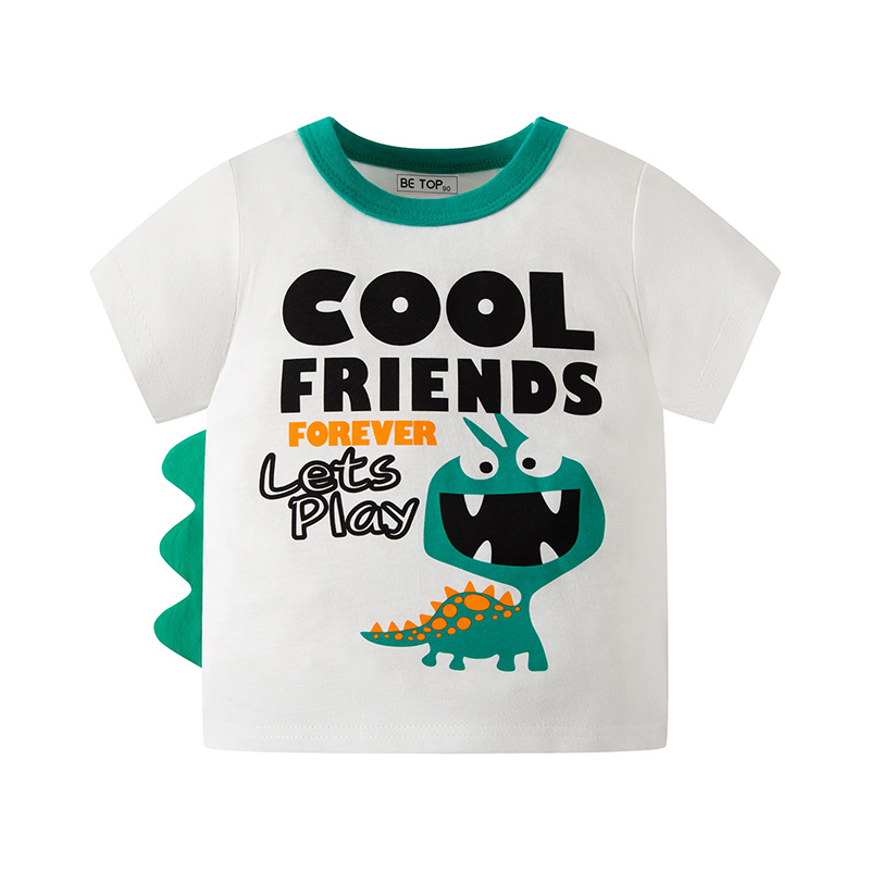 Camiseta de Manga Corta para Niños, Verano 2025, Diseño de Dinosaurio de Dibujos Animados, Cuello Redondo, Algodón Puro, Estilo Coreano, Ropa Infantil al por Mayor