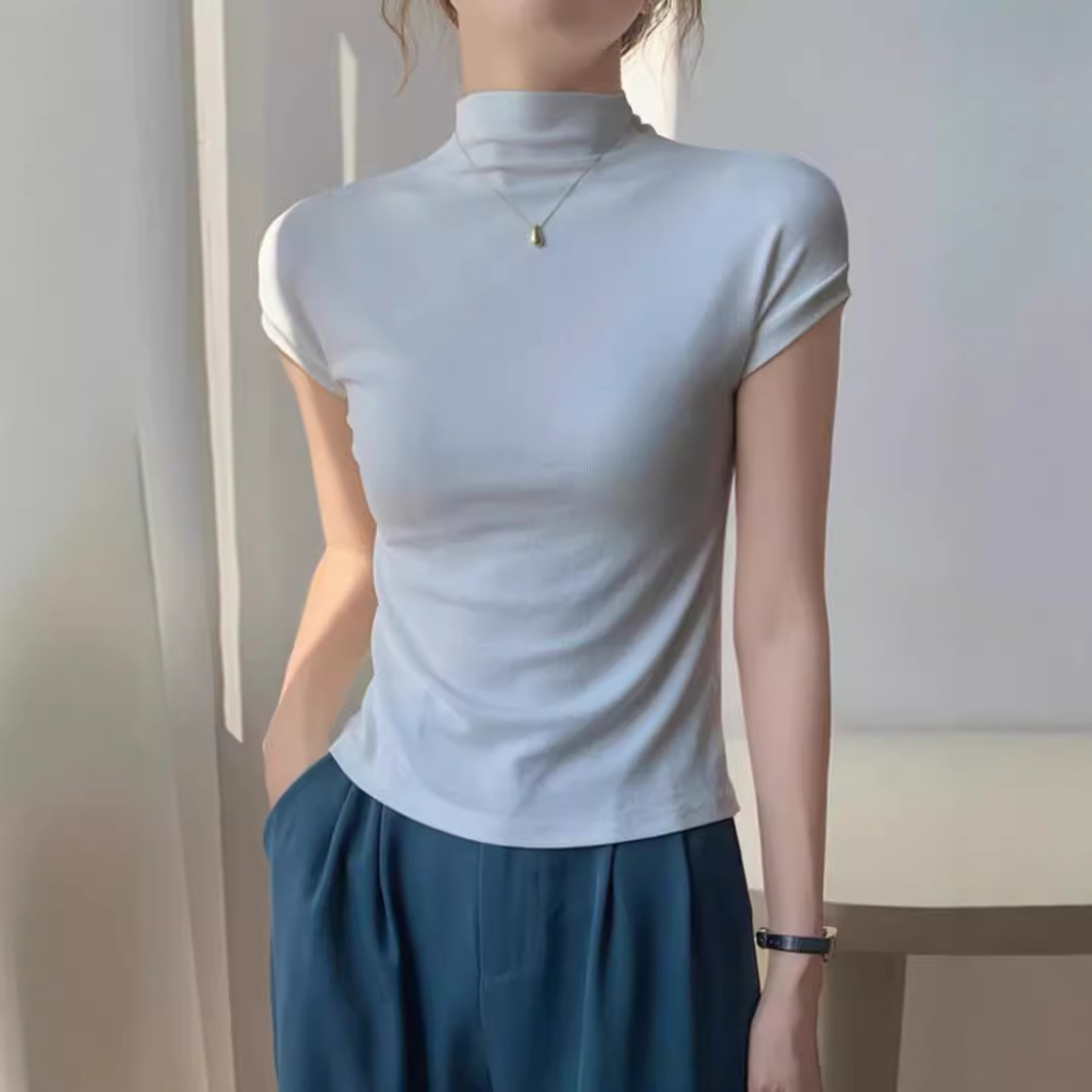 한국식 우아한 슬림 핏 미드 칼라 스레드 반팔 티셔츠 여성용 2024 봄 여름 반 높이 칼라 화이트 베이스 셔츠 탑 Ins