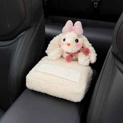 2026 New Bunny Car Armrest Car tissue box/set - lamb-wool-tissue-bag-bow-tie-scarf-bunny