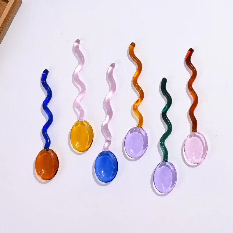 Creative milk dessert glass spoon color transparent high temperature resistant glass spoon cute shaped coffee mixing spoon Creative milk dessert glass spoon color transparent high temperature resistant glass spoon cute shaped coffee mixing spoon