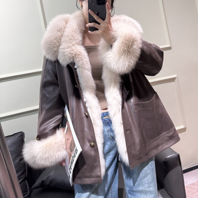 Large Fur Collar, One-Piece Drop-Shipping Haining Fur Coat, Mid-Length Fox Fur Jacket, Thickened Goose down Coat, Plus-Size Women's Clothing