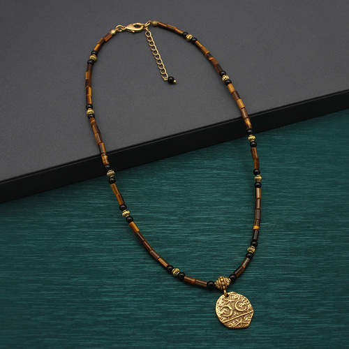 Natural Tiger Eye Necklace, Vintage Plated 24K Gold Agate Earrings and Necklace Set, Bohemian Retro Handmade Bead