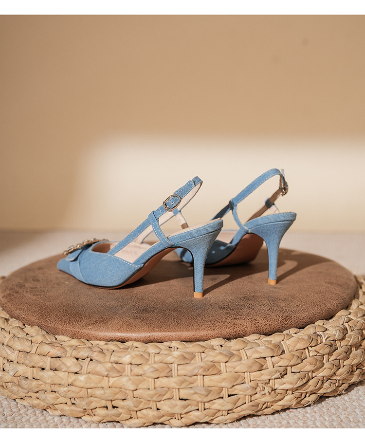 7755-5 Denim Blue Style Belt Buckle Closed Sandals Front Open Back Thin Heel High Heels Commuting_voghion.com
